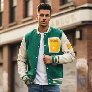 Zara Men's Green & White Varsity Bomber Jacket - Past Stories Patch Men's Medium